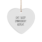 Embroidery Lovers' Delight, Eat. Sleep. Embroidery. Repeat. Heart Ornament, Gifts from Friends and Family for Christmas - Image 1